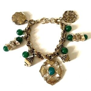 Chunky Maltese Cross Charm Bracelet Gold Tone Fobs Charms Green